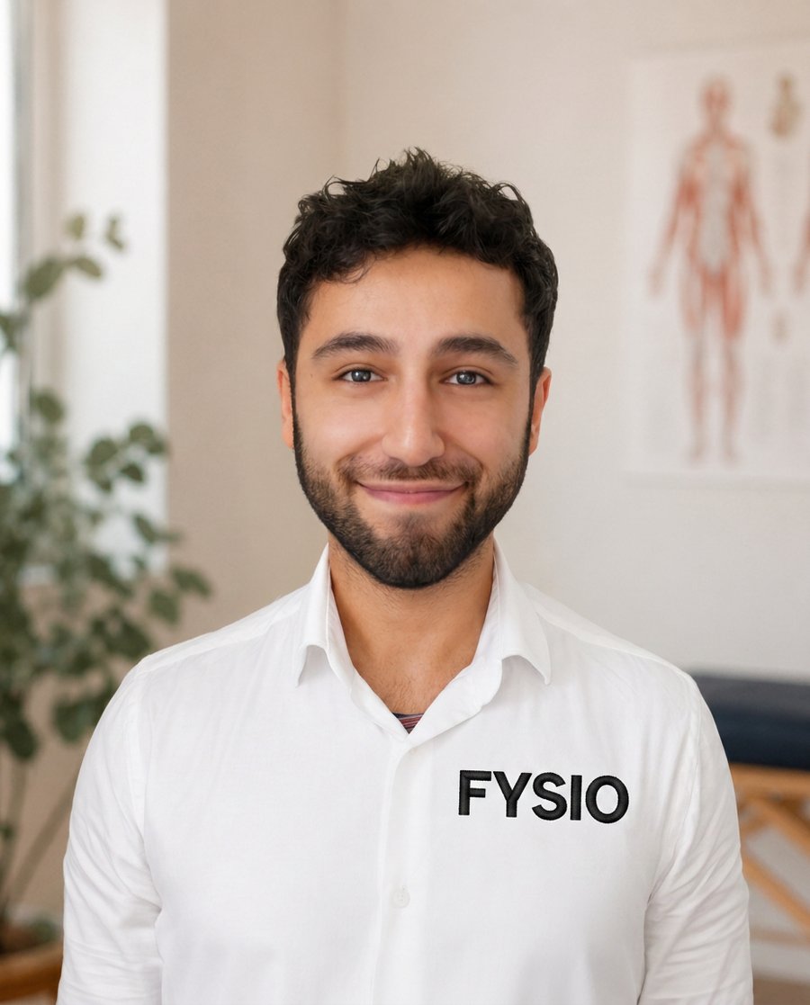 Diako Barzandji, freelance fysiotherapeut, in behandelruimte met wit werkshirt